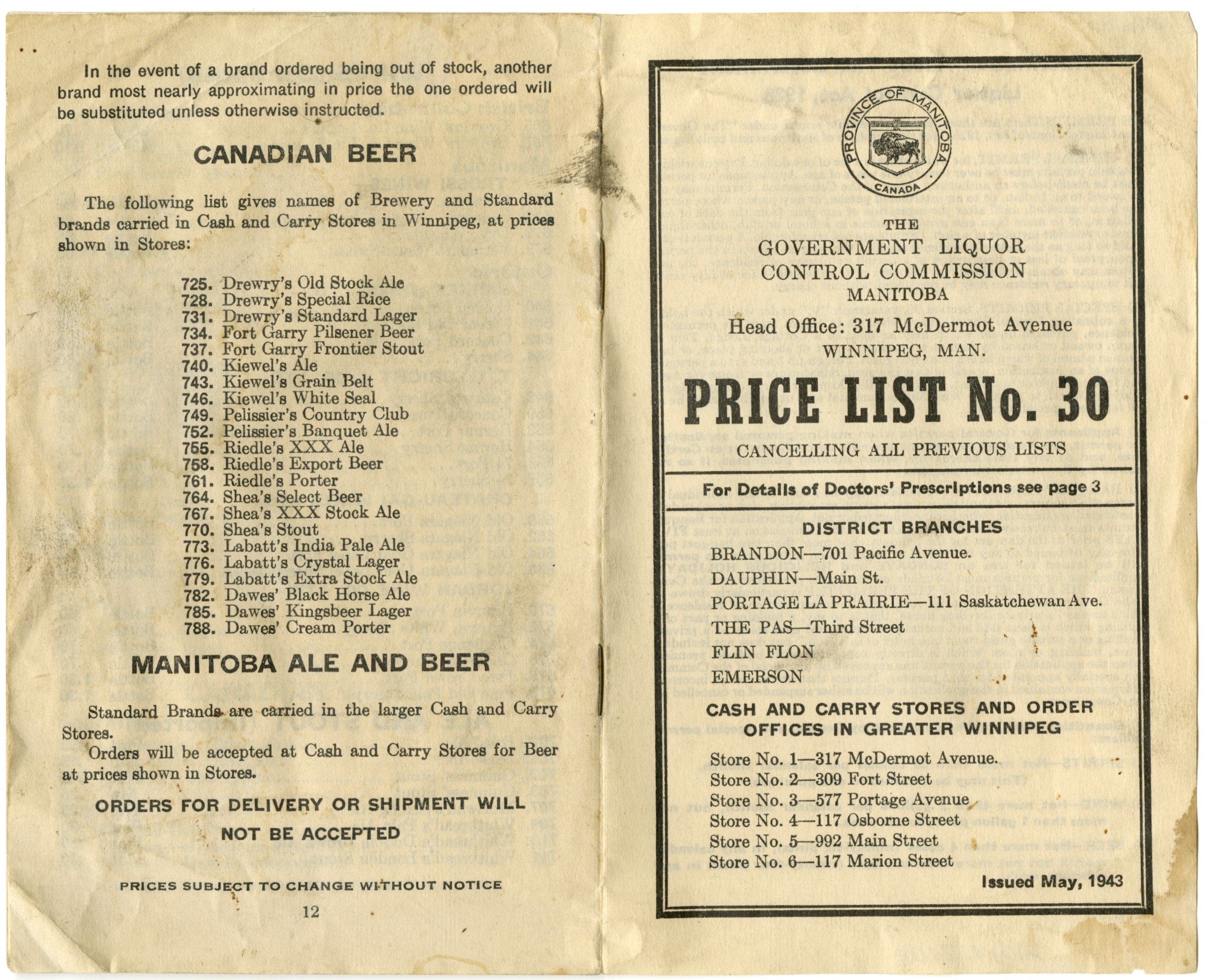 Price List No. 30 of the Government Liquor Control Commission of